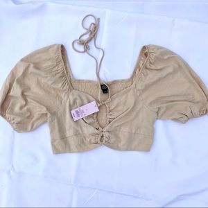 Target Wild Fable Tan Puff Sleeve Tie Front Crop Top Summer Festival Size L